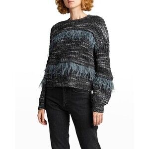 Cinq À Sept Women's Ostrich Feather Dropped Shoulder Sweater Grey Mult Sz L $540